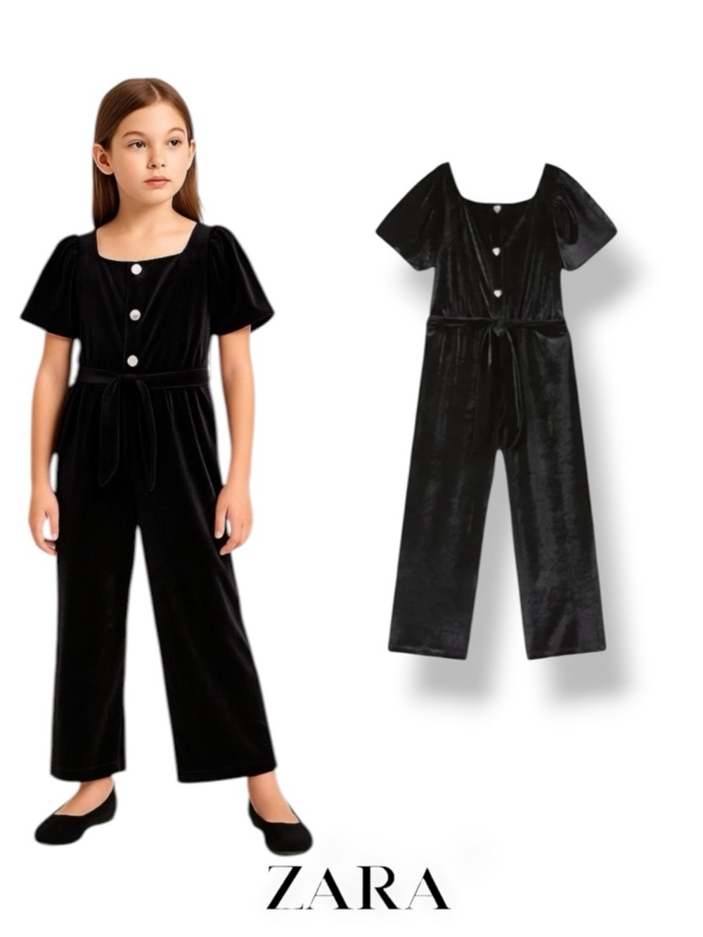 ZARA Girls Black Velvet Wide Leg Jumpsuit NWT Size 9
